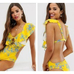 Sam Edelman Cut Out Yellow Ruffle Blue Floral One Piece Women's Swimsuit Size XS